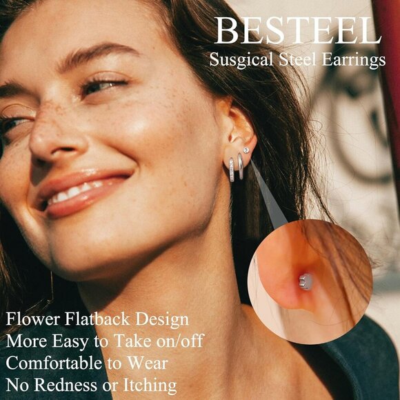 Hypoallergenic Surgical Steel Earrings Set, Tiny CZ Flat Back for Sensitive Ears - Picture 3 of 6